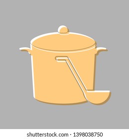 Pan with steam sign. Emboss effect with light orange icon on gray background.