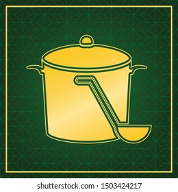 Pan with steam sign. Golden icon with gold contour at dark green gridded background. Illustration.