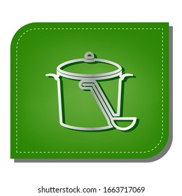 Pan with steam sign. Silver gradient line icon with dark green shadow at ecological patched green leaf. Illustration.