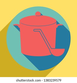 Pan with steam sign. Sunset orange icon with llapis lazuli shadow inside medium aquamarine circle with different goldenrod shadow at royal yellow background.