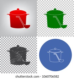 Pan with steam sign. Vector. 4 styles. Red gradient in radial lighted background, green flat and gray scribble icons on transparent and linear one in blue circle.