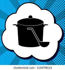 Pan with steam sign. Vector. Black icon in bubble on blue pop-art background with rays.
