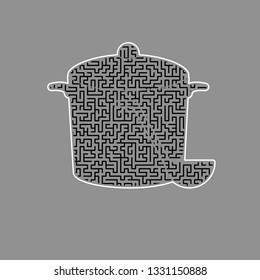 Pan with steam sign. Vector. Black maze filled icon with white border at gray background.
