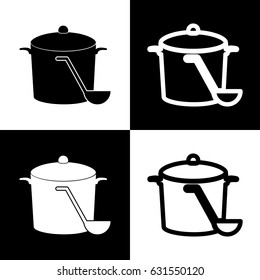 Pan with steam sign. Vector. Black and white icons and line icon on chess board.