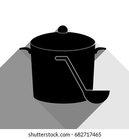 Pan with steam sign. Vector. Black icon with two flat gray shadows on white background.