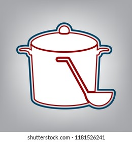 Pan with steam sign. Vector. Dark red, transparent and midnight green stroke of white icon at grayish background.