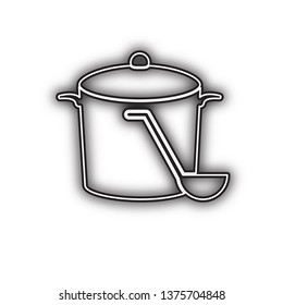 Pan with steam sign. Vector. Double contour black icon with soft shadow at white background. Isolated.