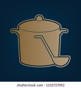 Pan with steam sign. Vector. Golden icon and border at dark cyan background.