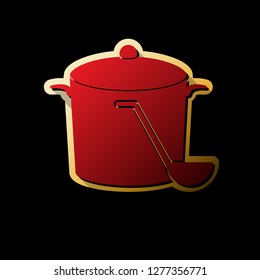Pan with steam sign. Vector. Red icon with small black and limitless shadows at golden sticker on black background.