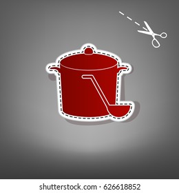Pan with steam sign. Vector. Red icon with for applique from paper with shadow on gray background with scissors.