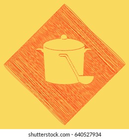 Pan with steam sign. Vector. Red scribble icon obtained as a result of subtraction rhomb and path. Royal yellow background.