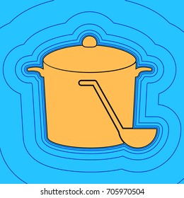 Pan with steam sign. Vector. Sand color icon with black contour and equidistant blue contours like field at sky blue background. Like waves on map - island in ocean or sea.