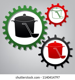 Pan with steam sign. Vector. Three connected gears with icons at grayish background.