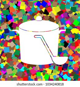 Pan with steam sign. Vector. White icon on colorful background with seamless pattern from squares.