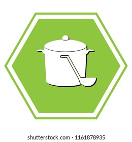 Pan with steam sign. Vector. White icon with black shadow at yellow green honeycomb on white background.