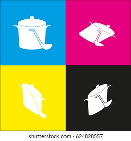 Pan with steam sign. Vector. White icon with isometric projections on cyan, magenta, yellow and black backgrounds.