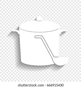 Pan with steam sign. Vector. White icon with soft shadow on transparent background.
