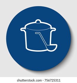 Pan with steam sign. Vector. White contour icon in dark cerulean circle at white background. Isolated.