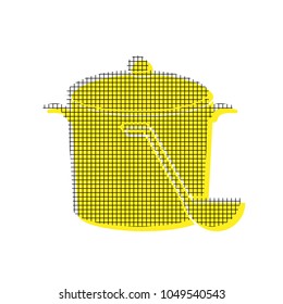 Pan with steam sign. Vector. Yellow icon with square pattern duplicate at white background. Isolated.