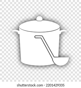 Pan with steam sign. White Icon with dropped natural gray Shadow at transparent Background. Illustration.