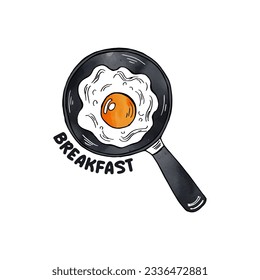 Pan with sunny-side-up egg breakfast menu doodle vector cartoon.