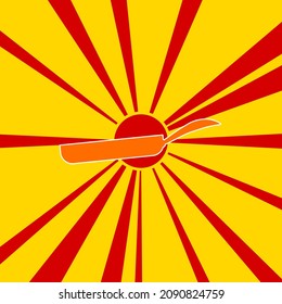 Pan symbol on a background of red flash explosion radial lines. The large orange symbol is located in the center of the sun, symbolizing the sunrise. Vector illustration on yellow background