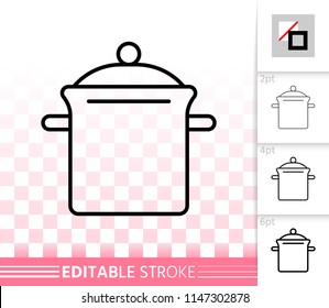 Pan thin line icon. Outline web sign of saucepan. Cooking linear pictogram with different stroke width. Kitchen ware simple vector symbol, transparent background. Pan editable stroke icon without fill