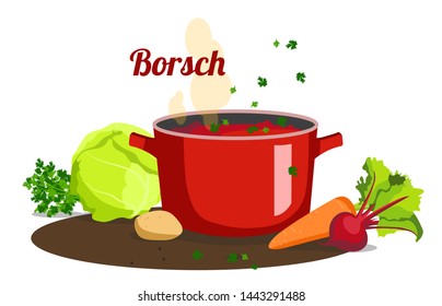 Pan of Traditional Russian and Ukrainian Soup with beet, cabbage, carrot, parsley and potato on the white background. Vector illustration for poster, banner, menu, brochure, flyer.