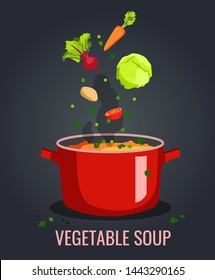 Pan of vegetable soup with beet, cabbage, carrot, tomato, potato and peas on the dark background. Vector illustration for poster, banner, menu, brochure, card, flyer.