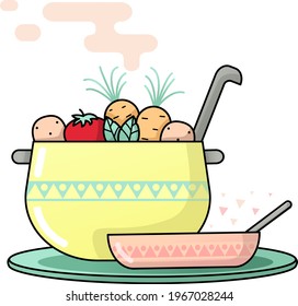 pan with vegetables and plate with spoon