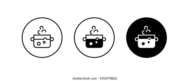 Pan  with water, soup or other boiling food. Icon of hot meal Boiling water in Cooking pan sign icon. stew food, saucepan boils