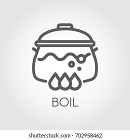 Pan with water, soup or other boiling food on stove. Icon of hot meal in linear design. Graphic contour symbol for different culinary projects. Vector illustration