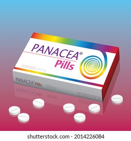 Panacea pills packet, a medical universal remedy fake product to promise miracle cure, assured health or other wonders concerning healing issues. Vector illustration.
