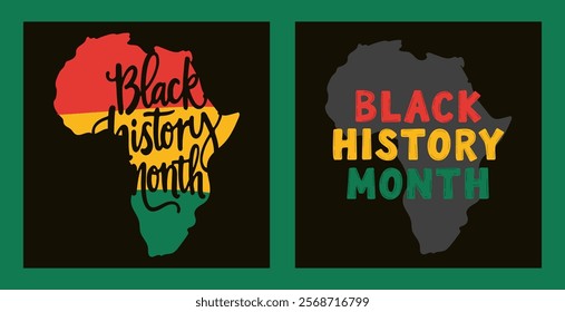 Pan-African banners in vibrant colors with lettering Black History Month on black isolated background. Symbolic history tribute illustrations in vector flat style. For social media design.