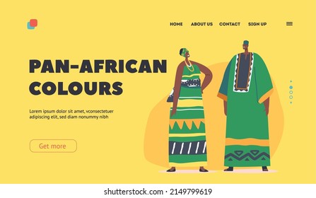 Pan-african Colours Landing Page Template. African Man and Woman Wear Tribal Clothes, Headwear and Accessories. Portraits of Male and Female Character Couple. Cartoon People Vector Illustration