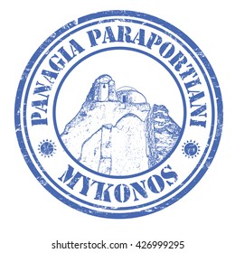 Panagia Paraportiani, Mykonos, stamp or label on white background, vector illustration