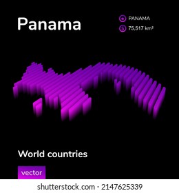 Panama 3D map. Stylized neon simple digital isometric striped vector Map of Panama is in violet colors on black background. Educational banner