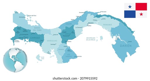 Panama administrative blue-green map with country flag and location on a globe. Vector illustration