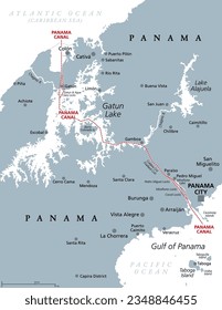 Panama Canal, gray political map. Artificial waterway in Panama, connecting Atlantic Ocean (Caribbean Sea) with Pacific Ocean, cutting across the Isthmus of Panama, reducing the travel time for ships.