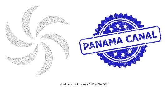 Panama Canal grunge watermark and vector turbine rotation mesh model. Blue seal has Panama Canal title inside rosette. Abstract flat mesh turbine rotation, designed with flat mesh.