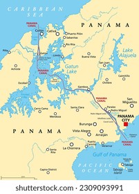 Panama Canal, political map. Artificial waterway in Panama, connecting the Atlantic Ocean (Caribbean Sea) with Pacific Ocean, cutting across the Isthmus of Panama, reducing the travel time for ships.