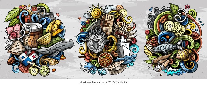 Panama cartoon vector doodle designs set. Colorful detailed compositions with lot of Panaman objects and symbols. Isolated on white illustrations