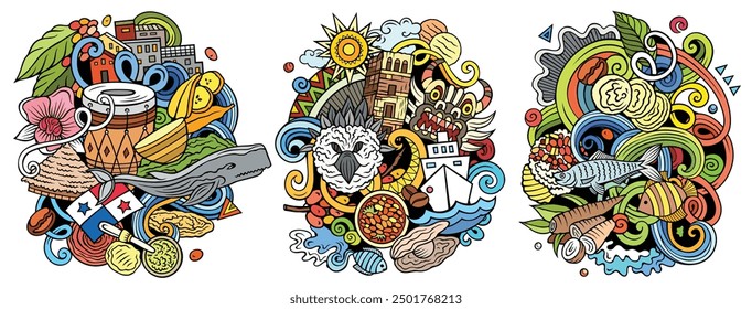Panama cartoon vector doodle designs set. Colorful detailed compositions with lot of Panaman objects and symbols. Isolated on white illustrations