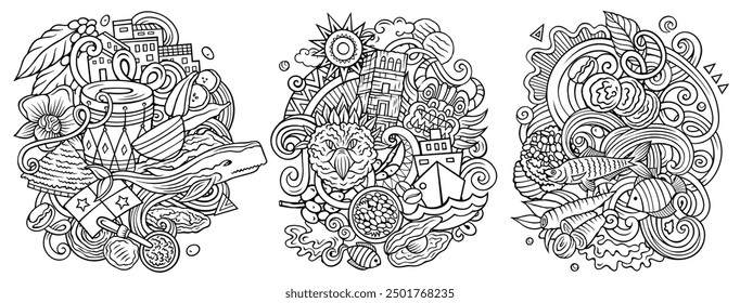 Panama Cartoon Vektor Doodle Designs Set. Line Art detaillierte Kompositionen mit vielen Panamaobjekten und Symbolen