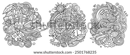 Panama cartoon vector doodle designs set. Line art detailed compositions with lot of Panaman objects and symbols