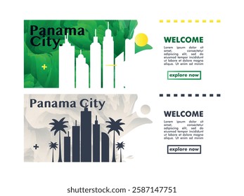 Panama City horizon profile banner, placard, header, footer. Panama metropolis downtown vector website page layout with panoramic front view