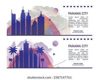 Panama City horizon profile banner, placard, header, footer. Panama metropolis downtown vector website page layout with panoramic front view