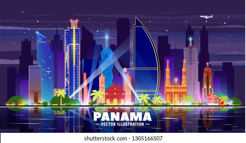 Panama city ( Panama ) night skyline with panorama in sky background. Vector Illustration. Business travel and tourism concept with modern buildings. Image for presentation, banner, web site.