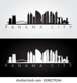 Panama City skyline and landmarks silhouette, black and white design, vector illustration.