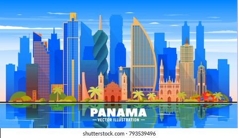 Panama city ( Panama ) skyline with panorama in sky background. Vector Illustration. Business travel and tourism concept with modern buildings. Image for presentation, banner, web site.